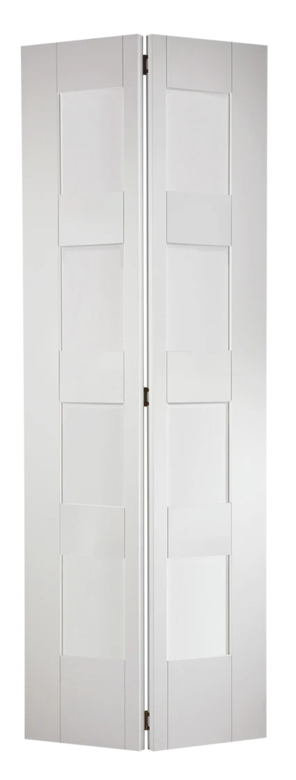 LPD White Primed Shaker 4P Bi-fold Door With Clear Glass Complete With Track